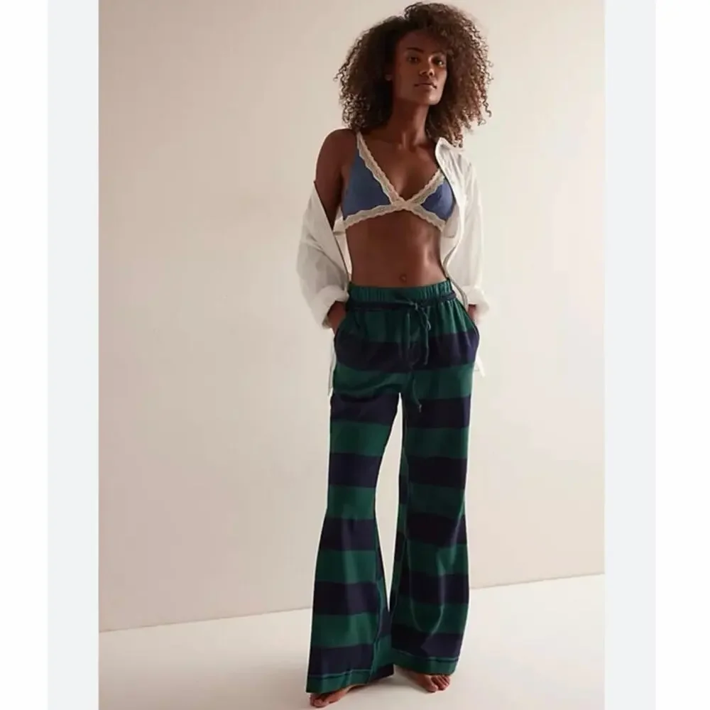 Free People You Wish Flare Pants Green Navy Stripe Wide Leg Raw Hem